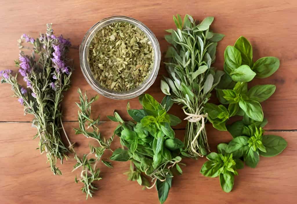 oregano, thyme, basil, savory, and rosemary