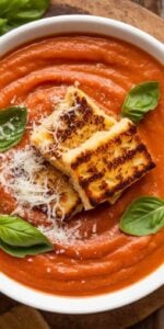 Creamy Tomato Basil Soup with Grilled Cheese Croutons1