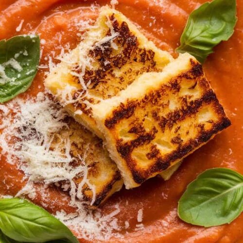 Creamy Tomato Basil Soup with Grilled Cheese Croutons1
