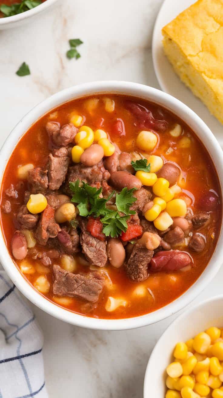 Top-down image of a bowl of Easy Cowboy Soup served on a white marble counter. This hearty soup is packed with ground beef, beans, potatoes, and corn in a rich, smoky broth. Garnished with fresh parsley and served with a side of cornbread, it’s a warm and comforting meal that’s perfect for a cozy night in.