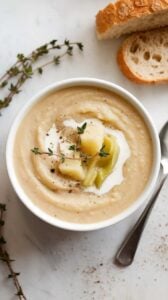Top-down image of a creamy Potato Leek Soup served in a bowl on a white marble counter. The velvety soup is garnished with fresh thyme and a drizzle of cream, with a side of crusty bread for dipping. A warm, comforting dish perfect for a cozy meal.