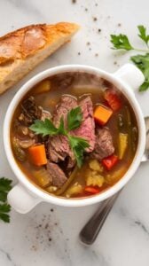 Top-down image of a bowl of homemade Vegetable Beef Soup, served on a white marble counter. The rich broth is packed with tender beef, potatoes, carrots, and vibrant vegetables, garnished with fresh parsley. A slice of crusty bread sits beside the bowl, making this comforting soup perfect for a hearty meal.