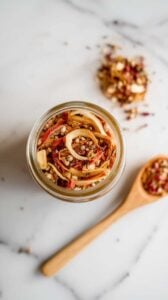 Top-down image of a homemade Onion Soup Mix stored in a glass jar on a white marble counter. The blend of dried onions, garlic, paprika, and herbs is ready for use in soups, dips, and seasonings. A small spoon sits nearby, showcasing this easy DIY pantry staple.
