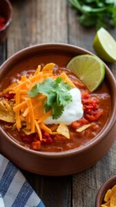 A steaming bowl of taco soup topped with shredded cheese, tortilla chips, and sour cream, garnished with fresh cilantro and a lime wedge. The vibrant colors and hearty texture make it a visually inviting dish.