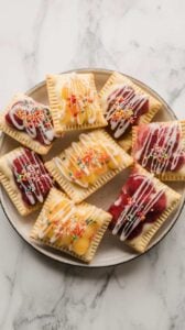 Top-down image of homemade Air Fryer Pop-Tarts served on a plate. The golden, flaky pastries are drizzled with icing, topped with colorful sprinkles, and filled with sweet fruit jam for a fun and delicious treat.