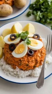 A plate of creamy Aji de Gallina over white rice, garnished with boiled eggs, black olives, and fresh cilantro. Served with a side of boiled potatoes.