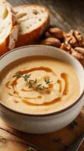 A bowl of creamy apple and brie soup with a smooth, velvety texture and light golden color, garnished with fresh thyme and a drizzle of honey. Served with crusty bread and toasted walnuts on a wooden table, creating a visually appealing and inviting meal.