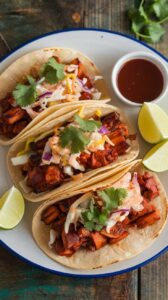 A photo of three BBQ jackfruit tacos on a white ceramic plate. The tacos are filled with saucy jackfruit, topped with crunchy slaw, and garnished with fresh cilantro. There are lime wedges on the side and a small dish of extra barbecue sauce for dipping. The tacos are placed on a rustic wooden table, which complements the vibrant colors of the dish.