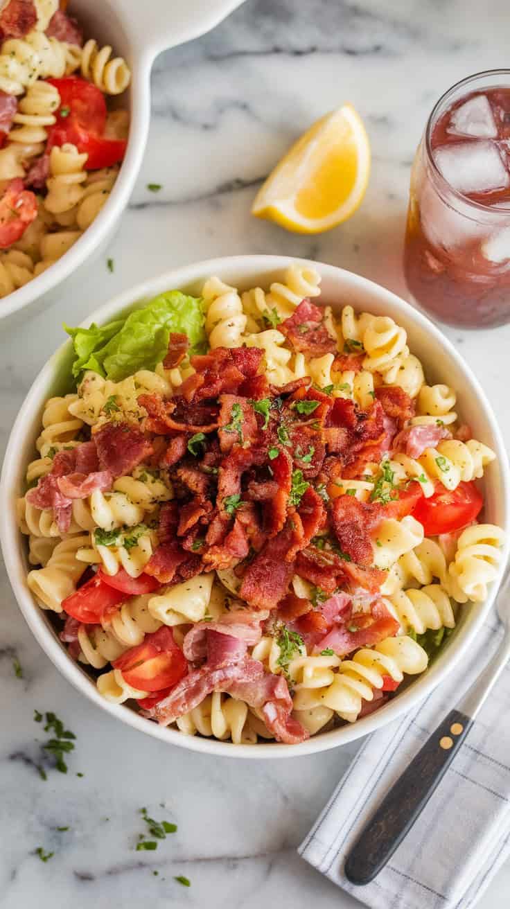 A photo of a creamy BLT pasta salad in a white bowl. The salad is filled with pasta, bacon, lettuce, and tomatoes. There's extra crumbled bacon and chopped parsley on top. A lemon wedge and a cold drink are placed beside the bowl. The salad is served on a marble kitchen counter, with a napkin and a fork beside it.