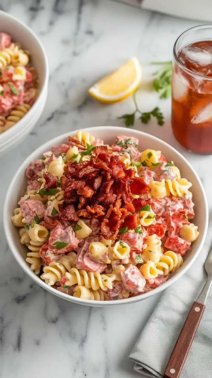A photo of a white bowl filled with creamy BLT pasta salad. The salad is topped with extra crumbled bacon and chopped parsley. A lemon wedge and a cold drink are placed beside the bowl. The salad is served on a marble kitchen counter, with a napkin and fork beside it.