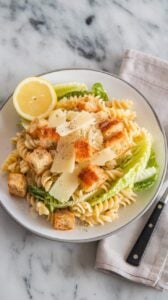 A photo of a Caesar pasta salad on a white plate. The salad is topped with croutons, shaved Parmesan, and romaine lettuce, all tossed with pasta. There's a lemon wedge and extra cracked pepper on top. The plate sits on a marble counter, accompanied by a linen napkin and a fork.