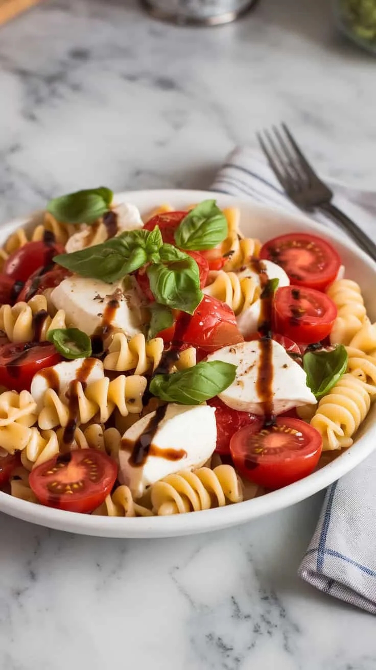 A photo of a white ceramic plate filled with Caprese pasta salad. The salad contains spiraled pasta, bright cherry tomatoes, creamy mozzarella, and ribbons of fresh basil. A drizzle of balsamic vinaigrette glistens on top. The plate sits on a marble kitchen counter, and there's a fork and napkin beside it. The background is blurred and contains a few kitchen items.