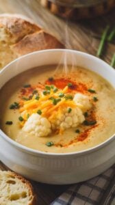 A bowl of creamy cauliflower and potato soup, topped with melted cheddar cheese, chives, and a sprinkle of paprika. The thick soup is served in a white bowl, accompanied by a slice of crusty bread for a cozy presentation.