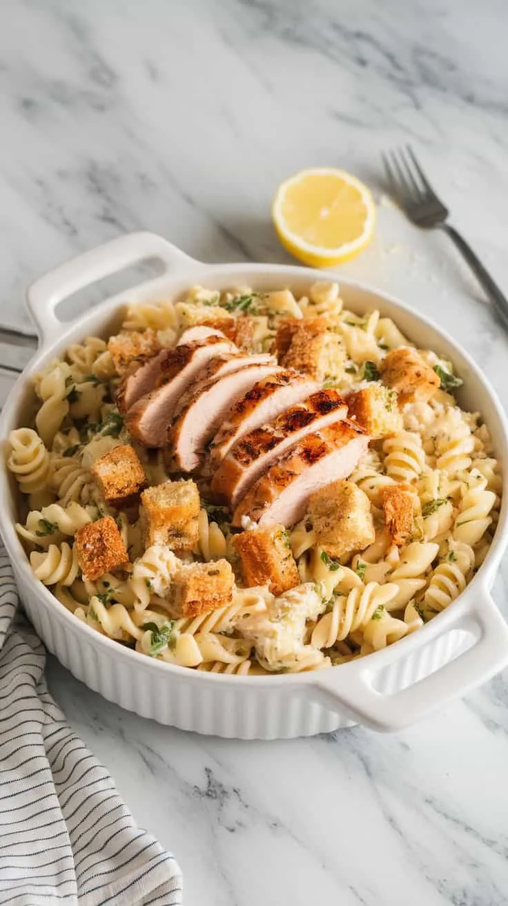 A photo of a white ceramic dish filled with chicken Caesar pasta salad on a marble counter. The salad is tossed with cooked pasta, Caesar dressing, and grated Parmesan cheese. It is topped with sliced grilled chicken, croutons, and a sprinkle of Parmesan cheese. A lemon wedge and a fork are placed beside the dish. The background is clean and simple, with only the dish and its accessories in view. The lighting is bright, highlighting the colors and textures of the dish.