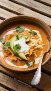 A bowl of creamy soup with tortilla strips, avocado slices, and melted cheese, finished with fresh cilantro and sour cream. The rich, cheesy broth pairs perfectly with the crunchy toppings.
