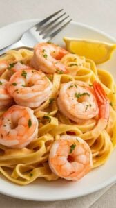 A photo of a plate of garlic butter shrimp scampi served over linguine pasta. The shrimp are cooked to perfection, glistening in the buttery sauce. The pasta is tossed in the sauce, coated in a golden hue. The dish is garnished with freshly chopped parsley and a lemon wedge. In the background, there is a fork resting on the side of the plate, ready to twirl the pasta. The background is plain, focusing on the main dish.