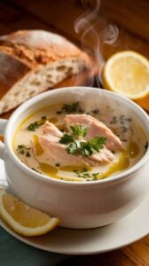 A bowl of Greek Avgolemono soup with creamy, golden broth, shredded chicken, and fresh parsley. Served with crusty bread and a lemon wedge for a fresh, comforting meal.