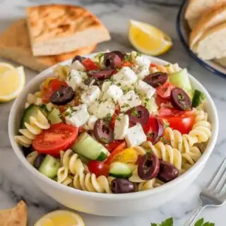 A photo of a white ceramic bowl filled with Greek pasta salad on a marble countertop. The salad is made of pasta, tomatoes, cucumbers, olives, and feta cheese. It is garnished with extra feta cheese and fresh parsley. There are lemon wedges and pita bread slices around the bowl. A fork is placed beside the bowl. The background is blurred and contains cooking utensils.