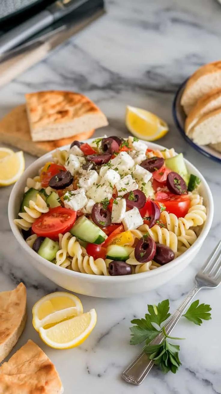 A photo of a white ceramic bowl filled with Greek pasta salad on a marble countertop. The salad is made of pasta, tomatoes, cucumbers, olives, and feta cheese. It is garnished with extra feta cheese and fresh parsley. There are lemon wedges and pita bread slices around the bowl. A fork is placed beside the bowl. The background is blurred and contains cooking utensils.