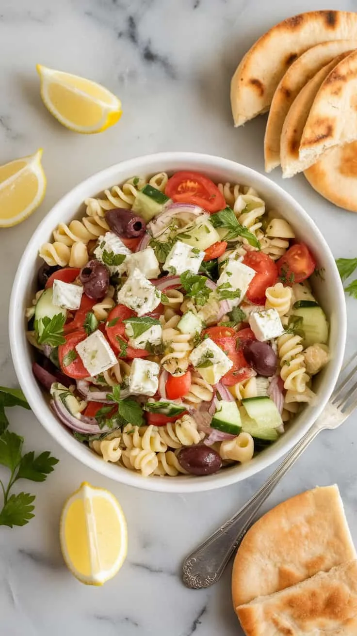 A photo of a white ceramic bowl filled with Greek pasta salad on a marble countertop. The salad is made with pasta, tomatoes, cucumbers, olives, onions, and feta cheese. The salad is garnished with extra feta cheese and fresh parsley. There are lemon wedges and pita bread slices around the salad. A fork rests beside the bowl.