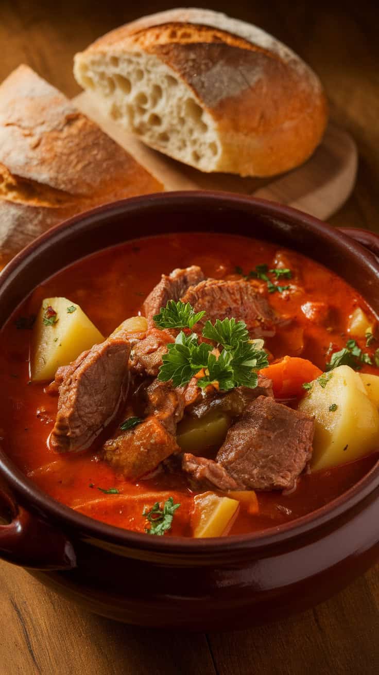 A bowl of Hungarian Goulash with beef, potatoes, and vegetables in a paprika-infused broth, served with crusty bread for a hearty and flavorful meal.