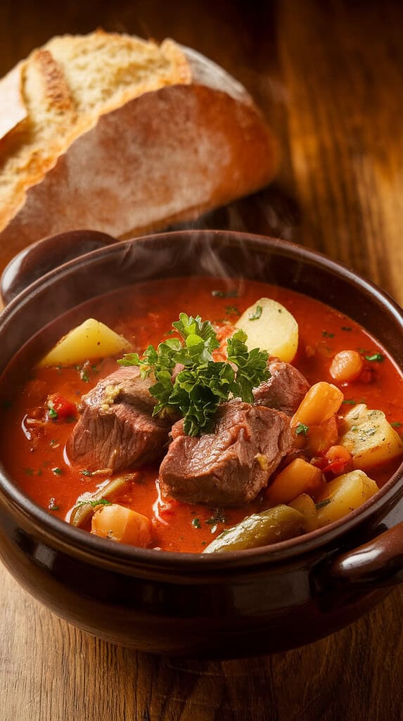 A bowl of Hungarian Goulash with beef, potatoes, and vegetables in a paprika-infused broth, served with crusty bread for a hearty and flavorful meal.