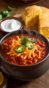 A bowl of thick Indian Creek Chili topped with cheddar cheese, jalapeños, and cilantro, served with cornbread and sour cream on the side for a complete meal.