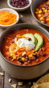 Instant Pot taco soup with seasoned ground beef, black beans, corn, and a bold tomato broth. Topped with shredded cheese, sour cream, avocado slices, and crunchy tortilla chips. A complete meal with additional toppings, creating a comforting and satisfying dish packed with Tex-Mex flavors.