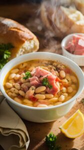 A bowl of lima bean soup with ham, garnished with fresh parsley and black pepper, served alongside crusty bread and a wedge of lemon for an inviting, comforting meal.