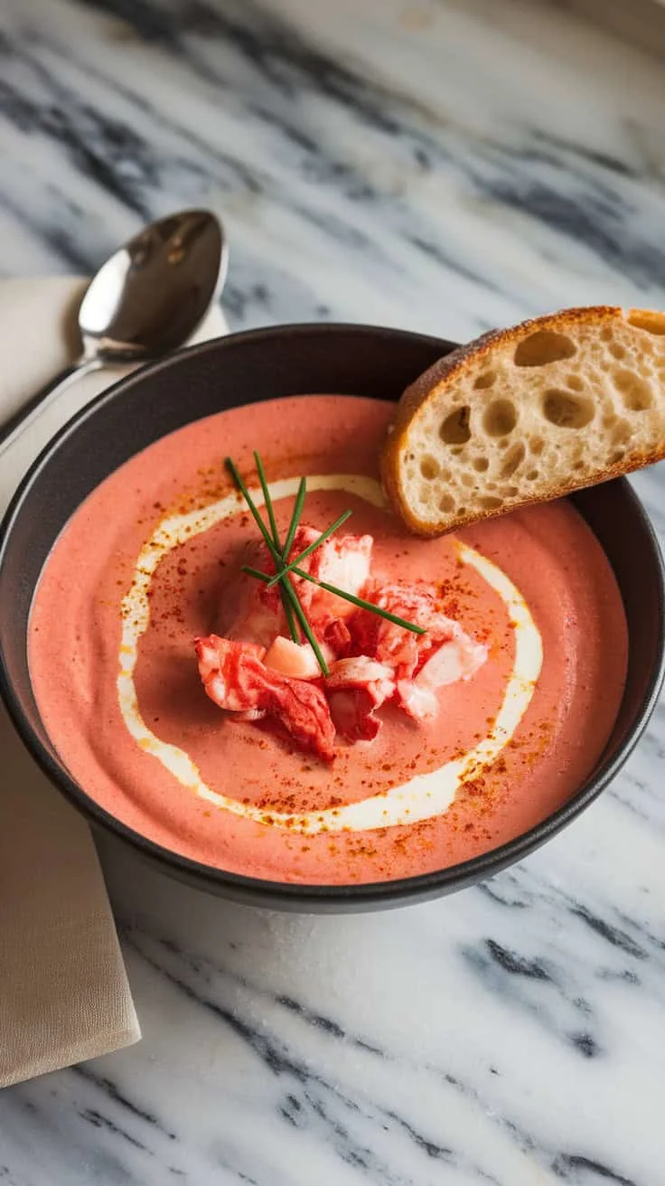 A photo of a deep bowl of creamy lobster bisque with a smooth, velvety texture. The soup is garnished with chunks of tender lobster meat, a drizzle of cream, and a sprinkle of fresh chives. A slice of toasted baguette is placed on the side. The bowl is set on a marble kitchen counter. There is a napkin and a spoon near the bowl.