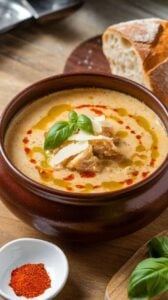 A bowl of creamy Marry Me Chicken Soup with shredded chicken, sun-dried tomatoes, and parmesan cheese, garnished with fresh basil and extra cheese. Served with crusty bread on a wooden table for a comforting and indulgent meal.