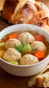 A bowl of matzo ball soup with a golden broth, fluffy matzo balls, carrots, celery, and fresh dill garnish. Served with warm challah bread for a complete meal.