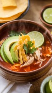A bowl of Mexican-style shredded chicken soup garnished with avocado, tortilla strips, lime, and cilantro, served on a rustic wooden table with warm lighting.