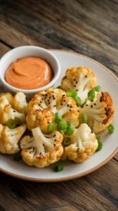A photo of a white ceramic plate with miso roasted cauliflower. The cauliflower florets are golden brown with slightly crispy edges, sprinkled with sesame seeds and chopped green onions. There's a small dipping dish of spicy sriracha mayo beside the cauliflower. The cauliflower is served on a rustic wooden table.