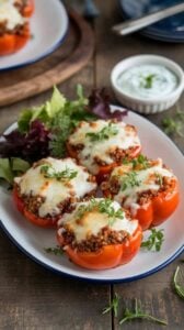 A photo of a white ceramic plate with a serving of quinoa-stuffed peppers. The peppers are topped with melted cheese and fresh herbs. The stuffed peppers are arranged on a rustic wooden table. There's a side of mixed greens and a small bowl of tzatziki sauce. The background is blurred and contains a few other dishes and utensils.