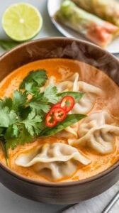 A bowl of steaming red curry dumpling soup with plump dumplings in a rich, golden broth, topped with fresh cilantro, Thai basil, and sliced red chilies, served alongside lime wedges and crispy spring rolls.