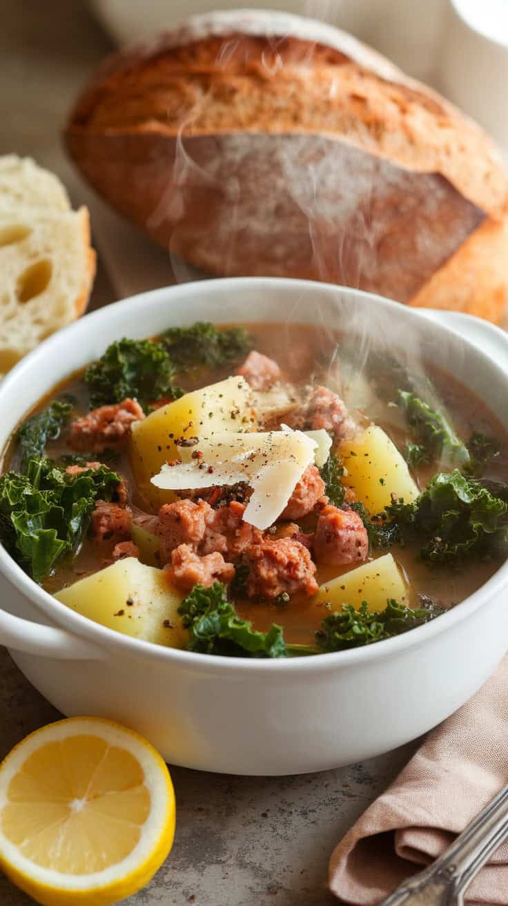 A bowl of sausage and potato soup with kale, garnished with black pepper and parmesan, served alongside crusty bread on a rustic wooden table with warm lighting.