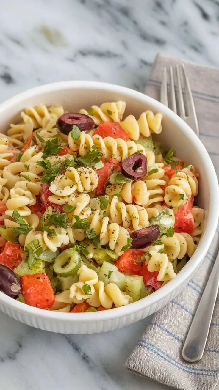 A photo of a white ceramic bowl filled with a zesty Italian pasta salad. The salad is garnished with chopped parsley and cracked black pepper. The salad features spiral pasta, vibrant vegetables, and olives, and is served chilled. The bowl rests on a marble kitchen counter, with a fork and a linen napkin beside it.
