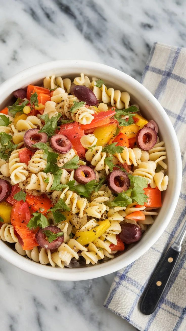 A photo of a white ceramic bowl filled with a zesty Italian pasta salad. The salad is made with spiral pasta, vibrant vegetables, and olives, and is garnished with chopped parsley and cracked black pepper. The bowl is served chilled. The bowl rests on a marble kitchen counter, and there is a fork and a linen napkin beside it.