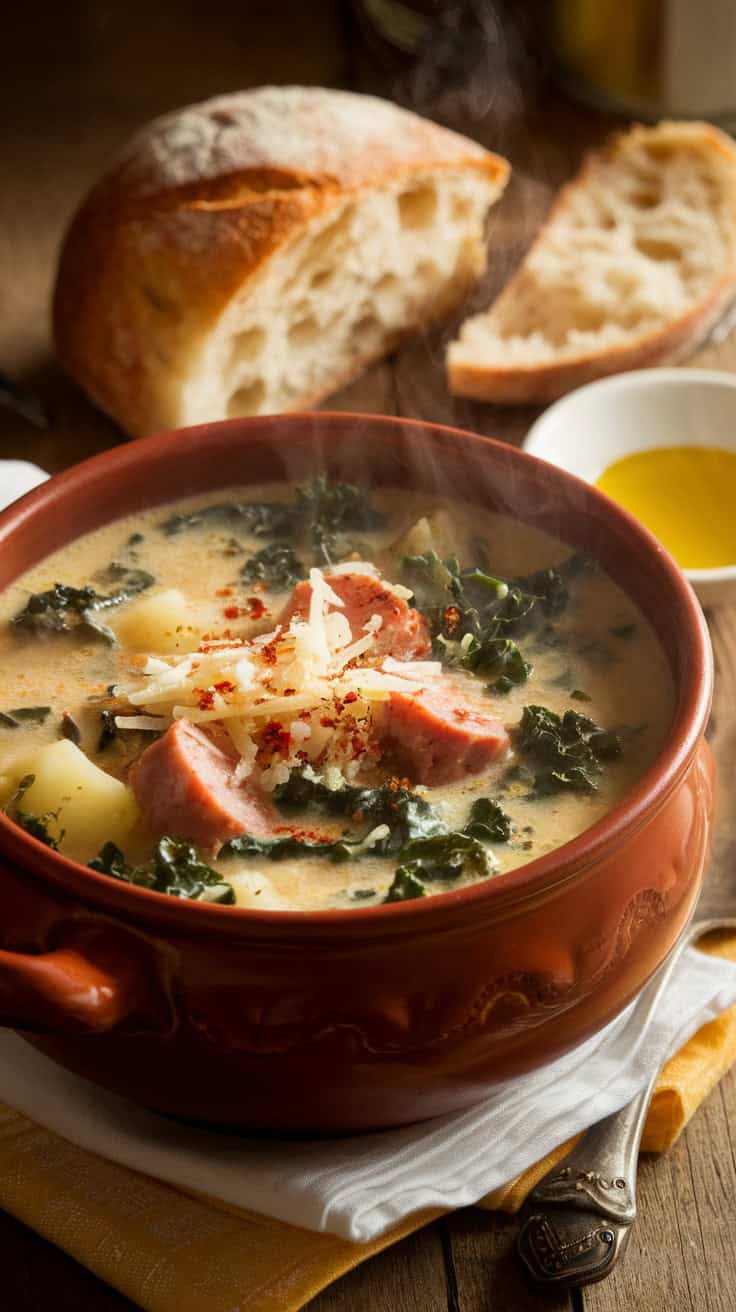A bowl of creamy Zuppa Toscana with sausage, potatoes, and kale in a rich, velvety broth. Garnished with parmesan cheese and red pepper flakes, served with crusty bread for a comforting, satisfying meal.