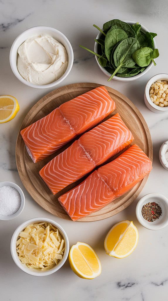 Top-down image of ingredients for Air Fryer Stuffed Salmon. Fresh salmon fillets sit on a wooden board, with small bowls of cream cheese, spinach, garlic, Parmesan, salt, and black pepper arranged around them.