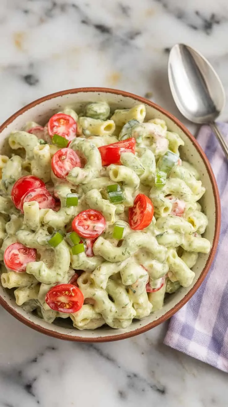A photo of a ceramic bowl filled with avocado ranch pasta salad. The salad is creamy and colorful, with bright red tomatoes and green onions. The bowl is set on a marble kitchen counter. A spoon and a napkin are beside the bowl.