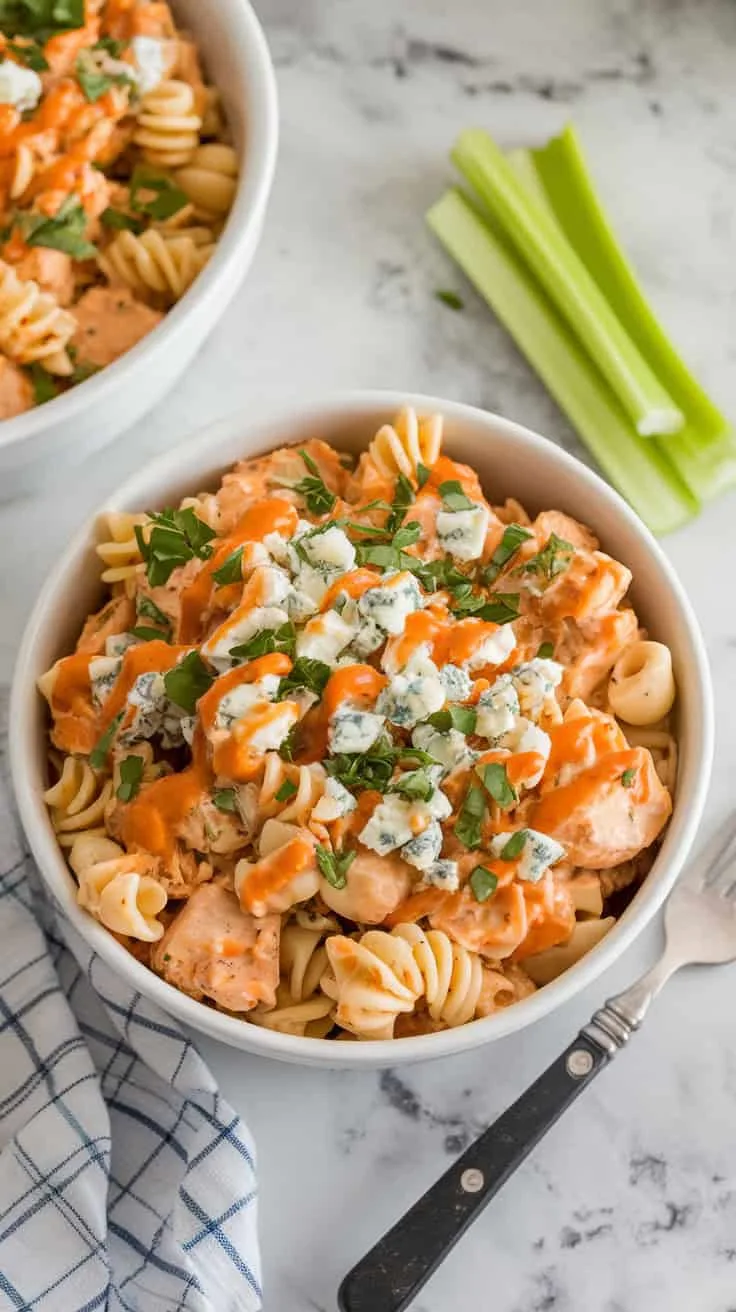 A photo of a white ceramic bowl filled with buffalo chicken pasta salad on a marble kitchen counter. The salad is topped with crumbled blue cheese, chopped parsley, and an extra drizzle of buffalo sauce. There's a fork and a napkin beside the bowl. Celery sticks are placed on the side.