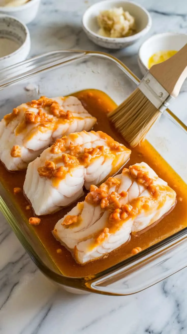 A photo of a glass dish containing cod fillets marinating in a golden miso glaze. A brush is placed on the side of the dish. The glaze coats the fish evenly, preparing it for broiling. The background contains a marble kitchen counter with small bowls of additional marinade ingredients, such as ginger and garlic.