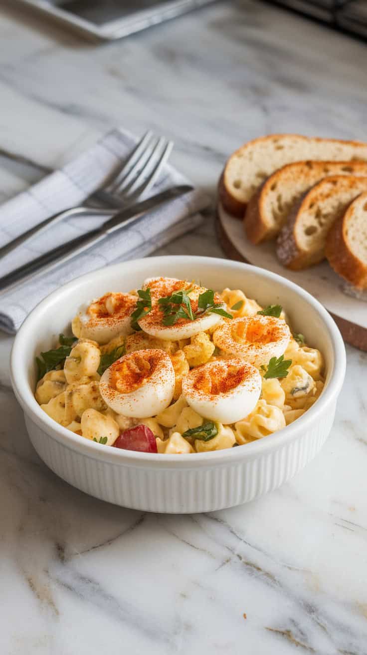 A photo of a white ceramic bowl filled with deviled egg pasta salad. The salad is topped with a sprinkle of paprika and garnished with chopped parsley. The bowl sits on a marble counter. There's a fork, a napkin, and slices of toasted bread beside the bowl. The background is blurred, showing a kitchen with more bowls and utensils.