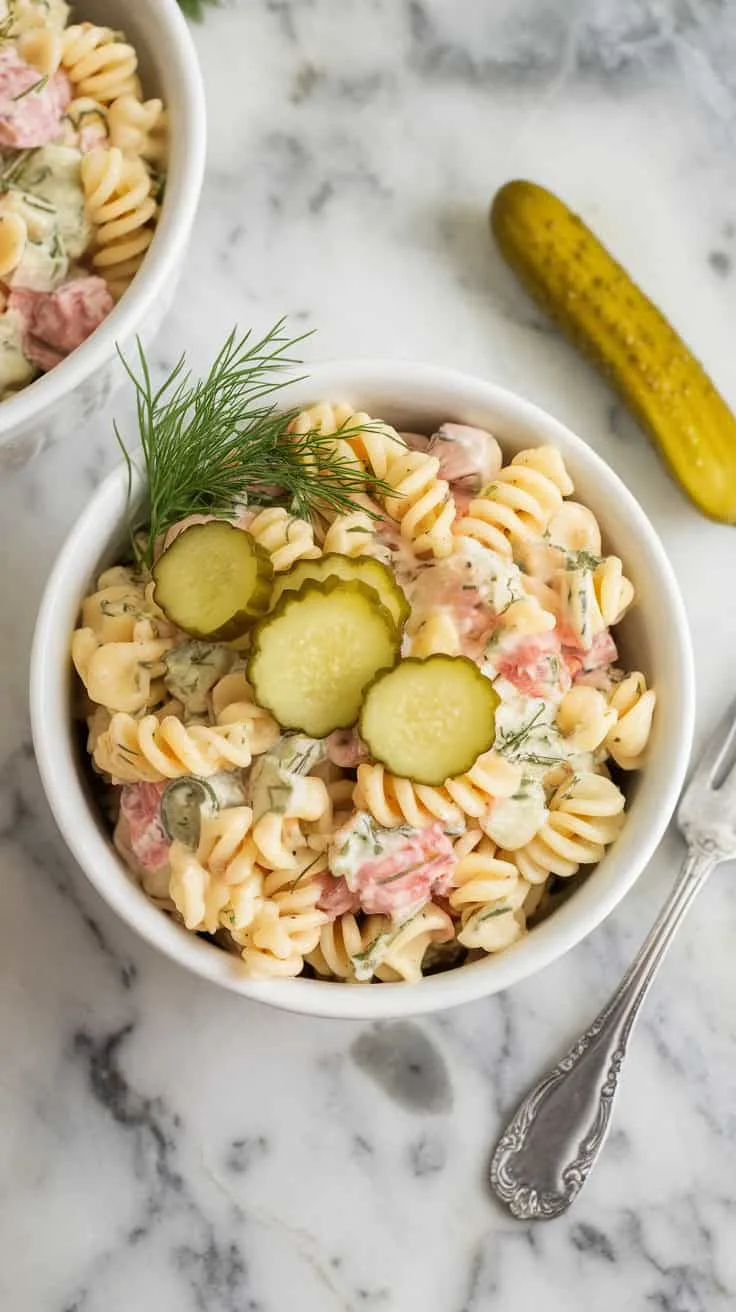 A photo of a white ceramic bowl containing a serving of dill pickle pasta salad on a marble kitchen counter. The salad is garnished with fresh dill and extra chopped pickles. There's a fork and a pickle spear next to the bowl for presentation.