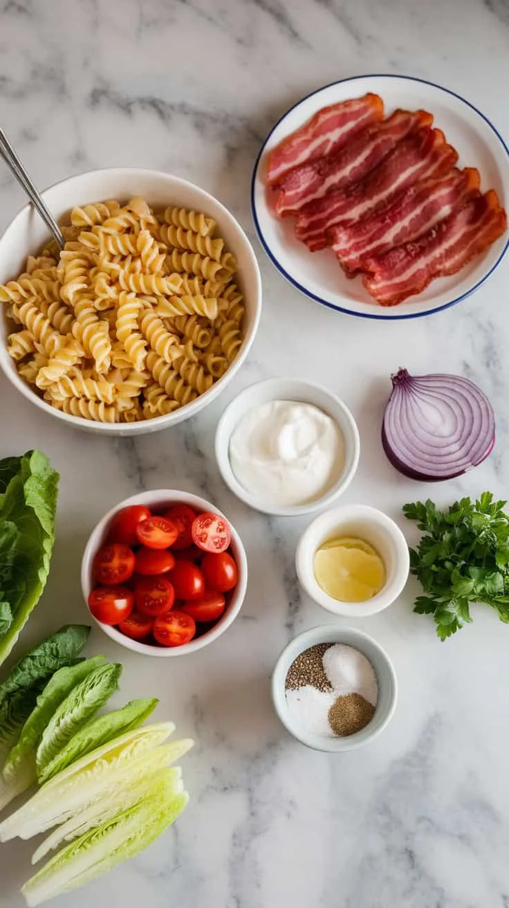 A photo of a marble kitchen counter with a bowl of cooked rotini pasta, crispy cooked bacon slices on a plate, halved cherry tomatoes, chopped romaine lettuce, a small bowl of mayonnaise, sour cream, lemon juice, salt, and pepper. Red onion slices and a small bunch of fresh parsley are placed nearby. The counter is clean and well-lit.