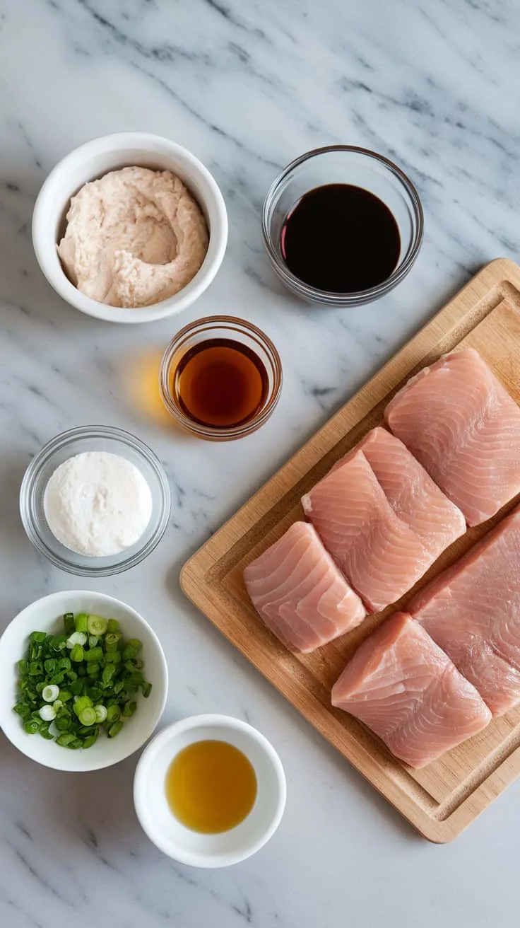 A photo of a marble kitchen counter with fresh ingredients for miso glazed cod. There is a wooden cutting board with raw cod fillets. There is a small bowl of white miso paste, a glass dish of soy sauce, honey in a small container, a bowl of rice vinegar, a tiny dish of sesame oil, and a scattering of chopped green onions. The counter is clean and the ingredients are arranged neatly.