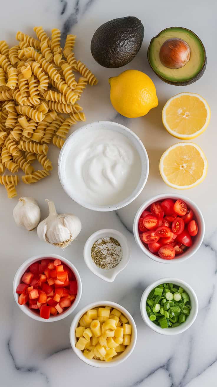 A photo of a marble kitchen counter with ingredients arranged for avocado ranch pasta salad. There are rotini pasta, ripe avocados, a bowl of plain Greek yogurt, lemon halves, garlic cloves, ranch seasoning mix in a small dish, chopped cherry tomatoes, diced bell peppers, and chopped green onions.