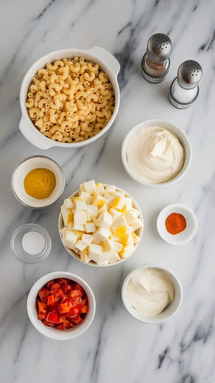 A photo of a marble kitchen counter with deviled egg pasta salad ingredients neatly arranged. There's a bowl of elbow macaroni, a bowl of chopped hard-boiled eggs, a bowl of mayonnaise, a small ramekin of yellow mustard, a dish of sweet relish, a dish of paprika, salt and pepper shakers.